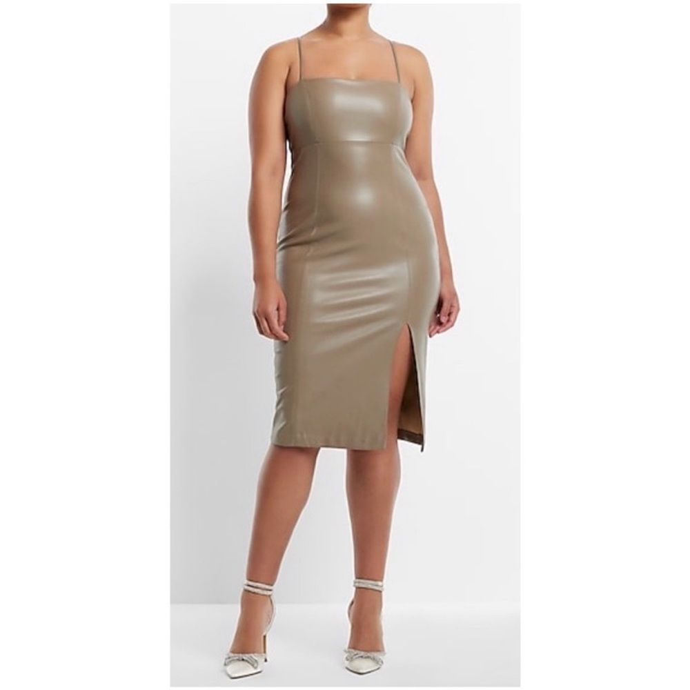 EXPRESS | NEW Taupe Faux Leather Body Contour Midi Dress Women’s Size Small